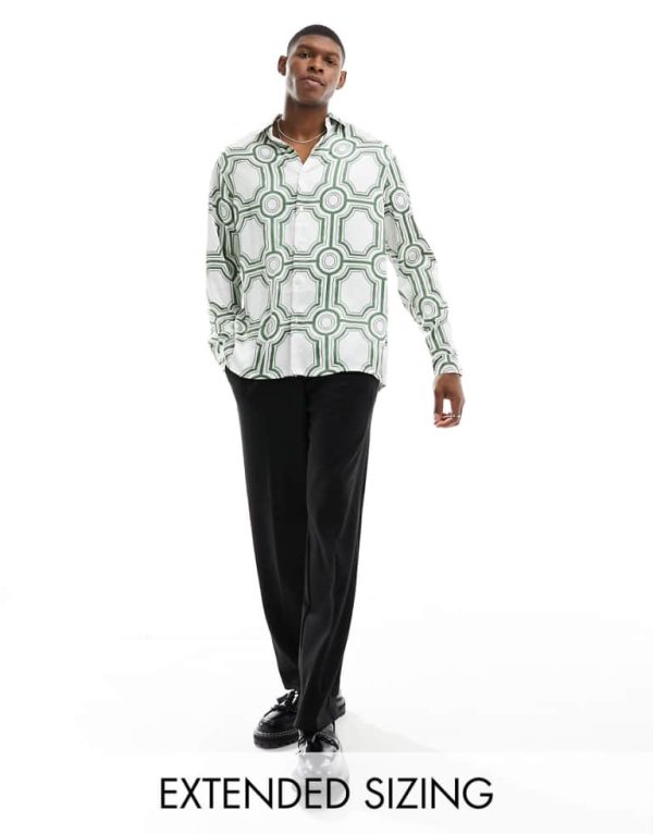 ASOS DESIGN Mens relaxed shirt in satin geo print-Green - Size X-Small