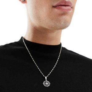 ASOS DESIGN Mens waterproof stainless steel chain with compass pendant in silver tone - Grey - One Size
