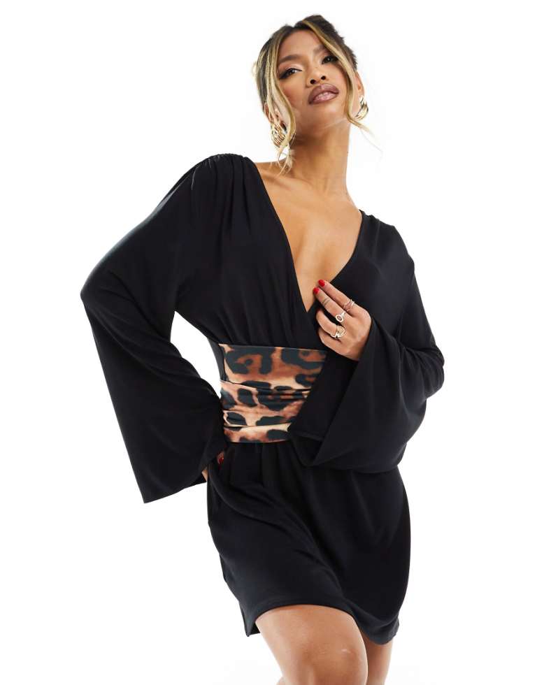ASOS DESIGN Womens long sleeve flippy wrap mini dress with leopard print belt in black-Multi - Multicolour - Size X-Small