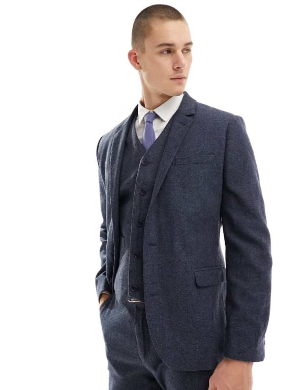 ASOS DESIGN Mens slim suit jacket in wool mix texture in navy - Blue - Size 42R