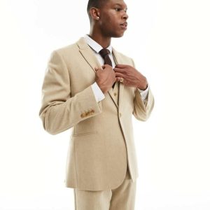ASOS DESIGN Mens wedding slim wool mix suit jacket in beige basketweave texture-Neutral - Size 44R