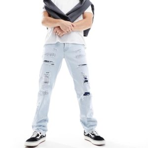 ASOS DESIGN Mens straight leg jeans with rip repair detail in light wash blue - Sky Blue - Size 30W/32L