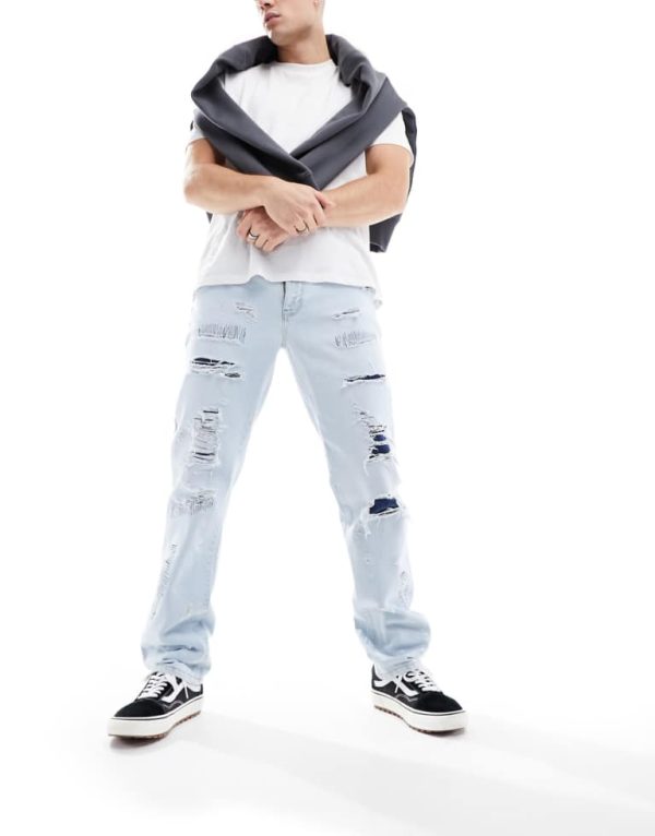 ASOS DESIGN Mens straight leg jeans with rip repair detail in light wash blue - Sky Blue - Size 29W/32L