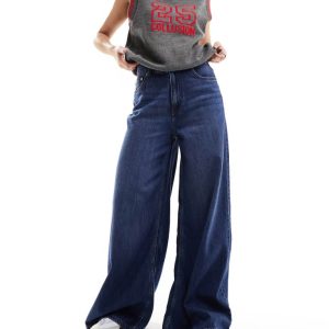 ASOS DESIGN Womens soft wide leg jean in dark mid blue - Sky Blue - Size 24W/34L