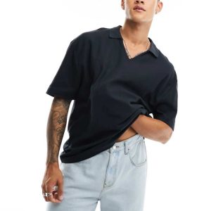 ASOS DESIGN Mens oversized waffle polo in black - Size X-Small