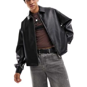 ASOS DESIGN Mens oversized cropped faux leather harrington jacket in black - Size X-Small