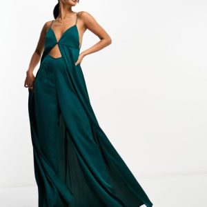 ASOS DESIGN Womens satin cami jumpsuit with cut out and cape overlay detail in green - Size 6 UK