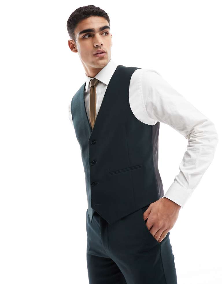 ASOS DESIGN Mens slim suit waistcoat in dark green - Size 42R