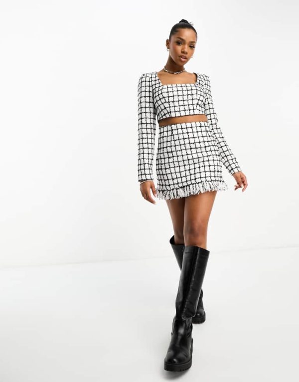 ASOS DESIGN Womens boucle mini skirt with fringe detail co-ord in mono check-Multi - Multicolour - Size 8 UK
