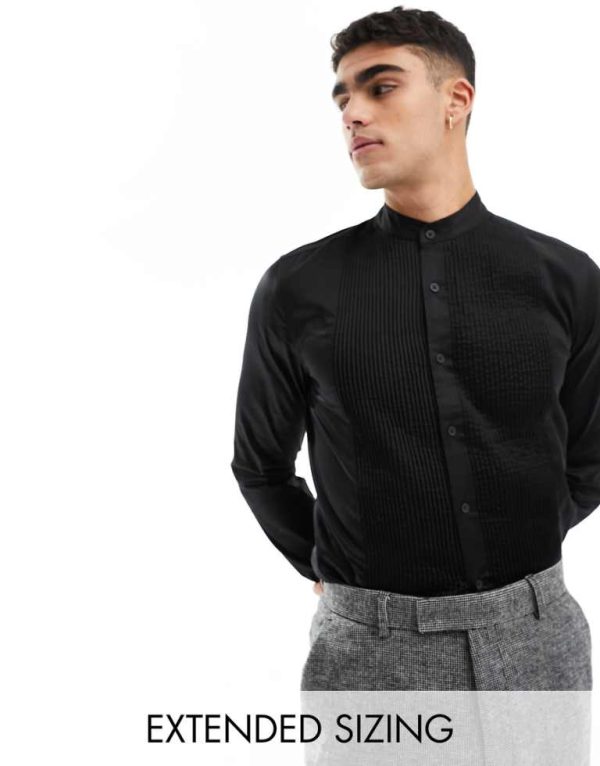 ASOS DESIGN Mens formal skinny fit dress shirt with bib detail in black sateen - Size Small