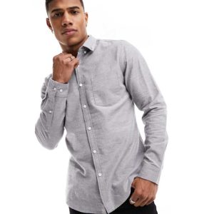 ASOS DESIGN Mens slim oxford shirt in yarn dye charcoal-Grey - Stone - Size X-Large