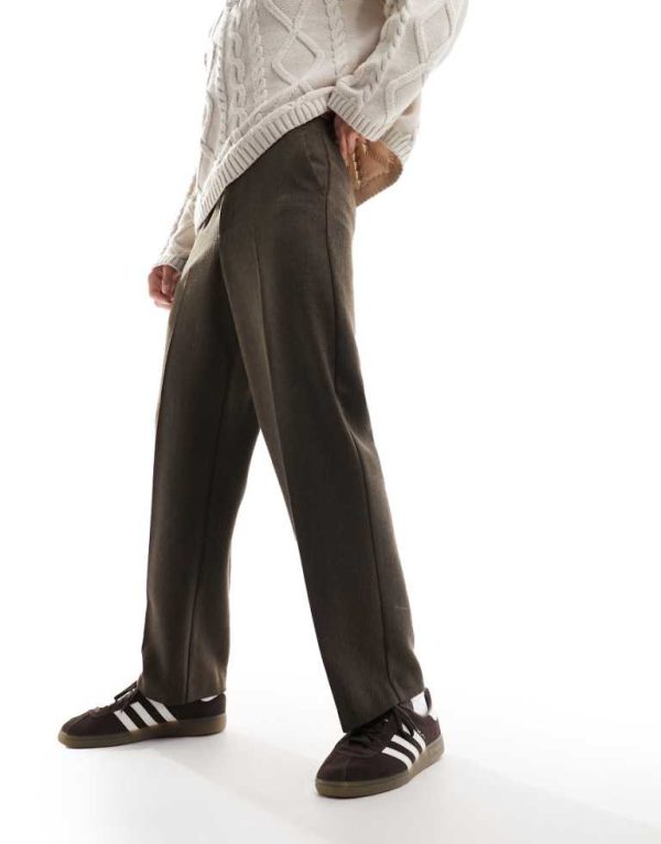 ASOS DESIGN Mens smart wide leg wool mix trousers-Brown - Black - Size 30W/32L