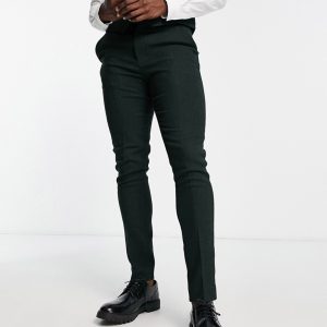 ASOS DESIGN Mens wedding skinny wool mix suit trousers in forrest green herringbone - Size 32W/34L