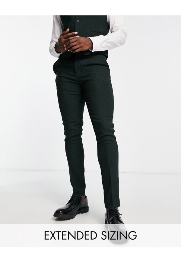 ASOS DESIGN Mens wedding skinny wool mix suit trousers in forrest green herringbone - Size 32W/32L