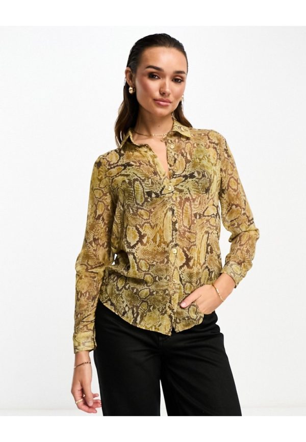 ASOS DESIGN Womens long sleeve soft shirt in brown snake print-Multi - Size 10 UK