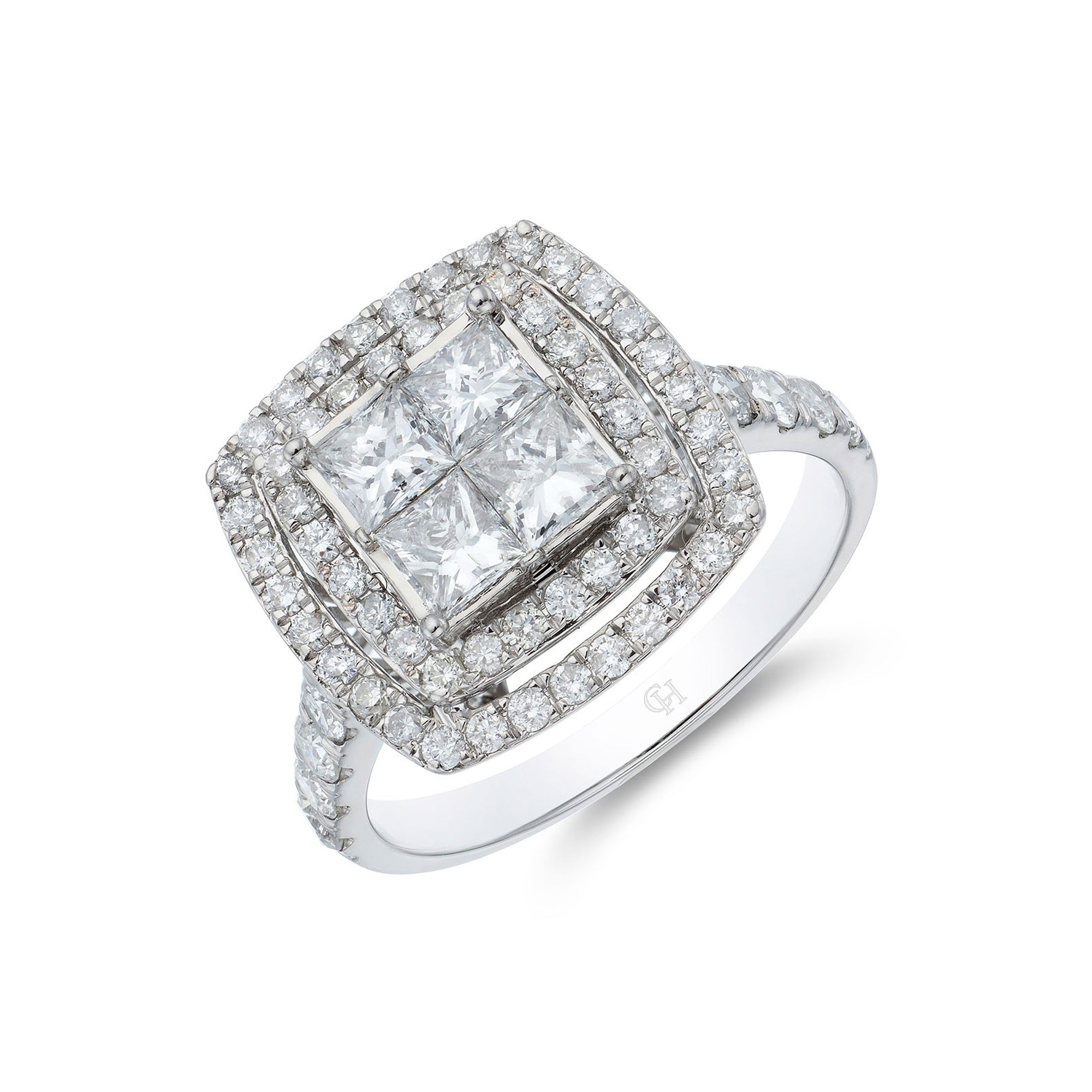 Pre-Owned 18ct White Gold Princess & Round Brilliant Cut 2.00ct Diamond Tile Cluster Ring - Size P
