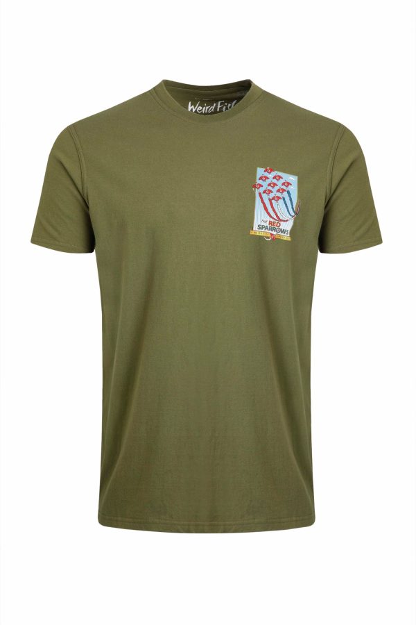 Weird Fish Red Sparrows Back Print Artist T-Shirt Olive Green Size S
