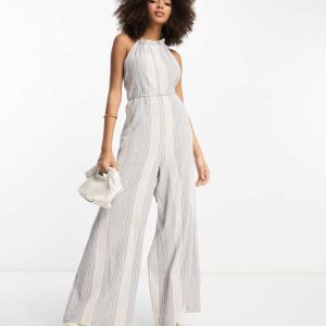 ASOS DESIGN Womens crinkle frill halterneck jumpsuit with wide leg in stripe-Multi - Multicolour - Size 12 UK