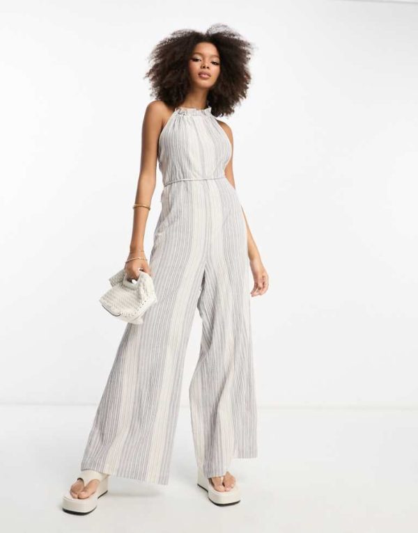 ASOS DESIGN Womens crinkle frill halterneck jumpsuit with wide leg in stripe-Multi - Multicolour - Size 12 UK