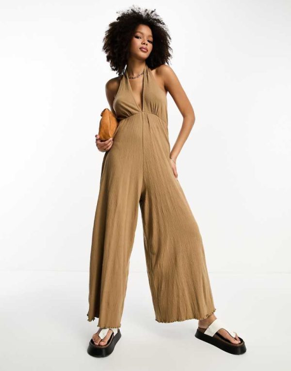 ASOS DESIGN Womens crinkle jersey halter jumpsuit in mocha-Brown - Bronze - Size 12 UK
