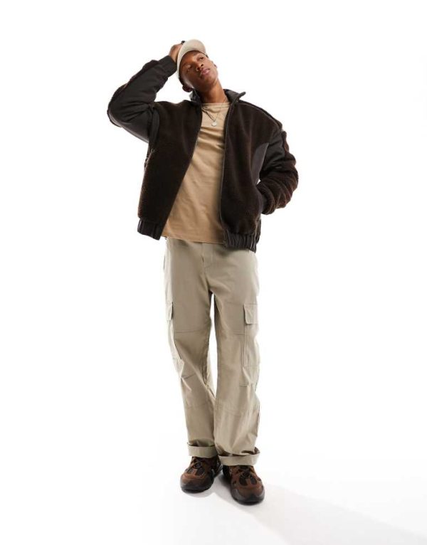 ASOS DESIGN Mens oversized borg bomber jacket in brown - Size 2XS