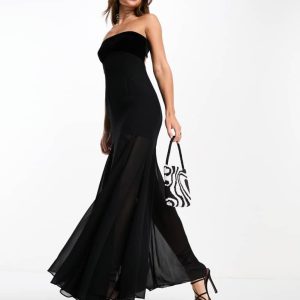 ASOS DESIGN Womens velvet panel bandeau maxi dress with godet skirt in black - Size 16 UK