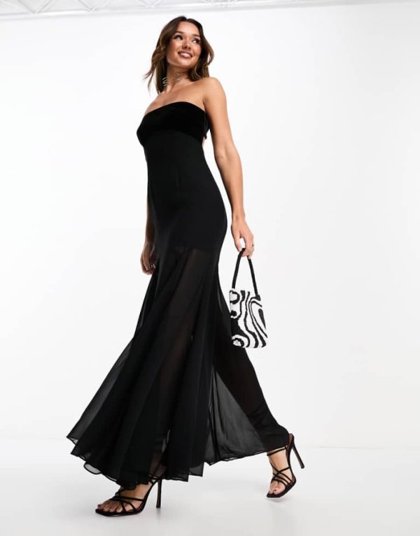 ASOS DESIGN Womens velvet panel bandeau maxi dress with godet skirt in black - Size 16 UK