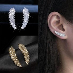Crystal Leaf Earrings for Women gold