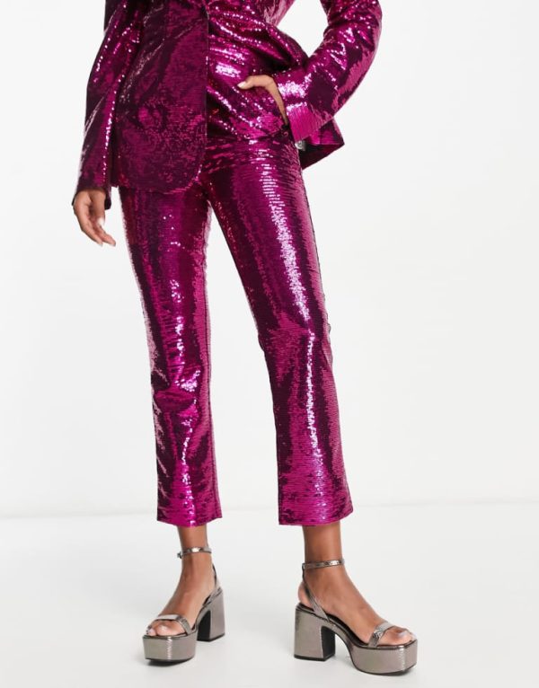 ASOS DESIGN Womens sequin slim straight suit trousers in pink - Size 4 UK