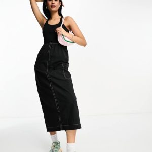 ASOS DESIGN Womens 2 in 1 ribbed scoop neck vest with cargo midi dress skirt in black contrast stitch - Size 10 UK