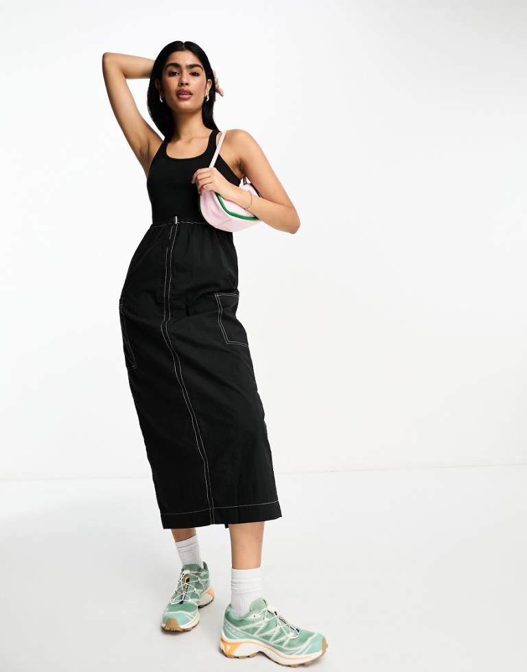 ASOS DESIGN Womens 2 in 1 ribbed scoop neck vest with cargo midi dress skirt in black contrast stitch - Size 10 UK