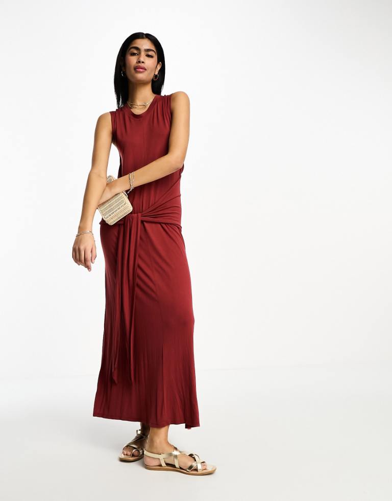 ASOS DESIGN Womens crew neck sleeveless midi dress with sarong tie skirt in terracotta-Green - Brown - Size 12 UK