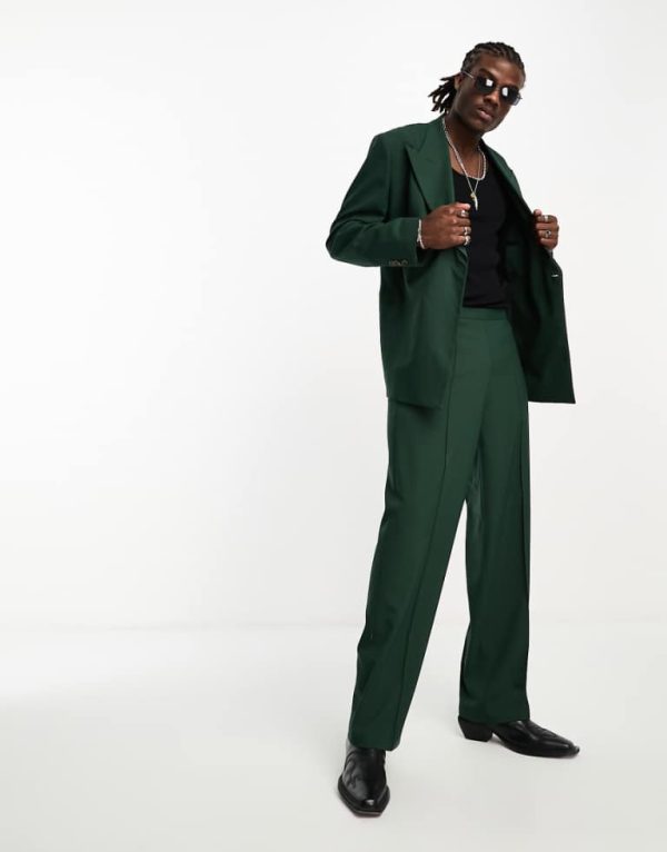 ASOS DESIGN Mens wide leg suit trouser in dark green - Size 28W/30L