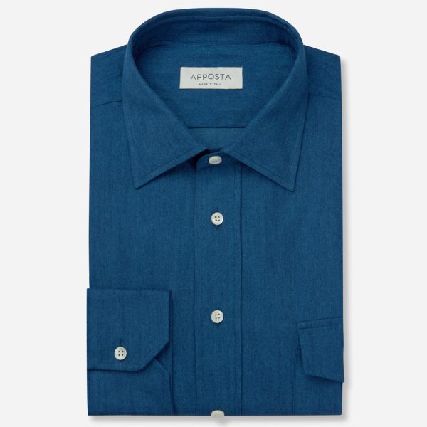 Shirt  solid  navy blue cotton denim, collar style  low straight point collar