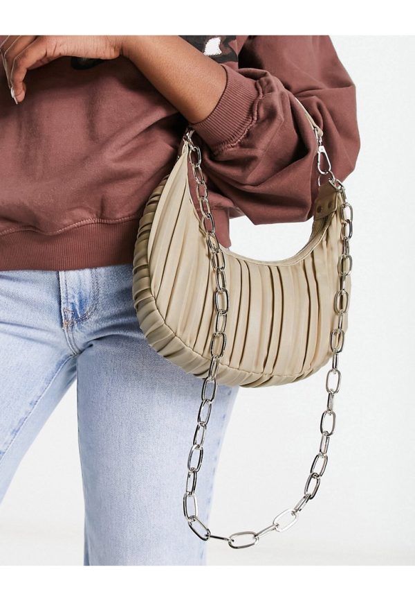 ASOS DESIGN Womens pleated shoulder bag with chain detailing in stone-Brown - Beige - One Size