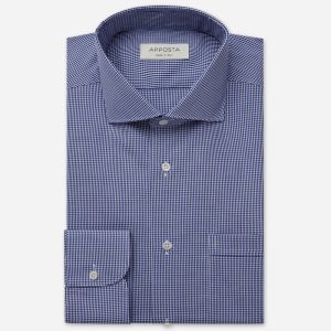 Shirt  small check  navy blue easy-iron cotton poplin, collar style  lower spread collar