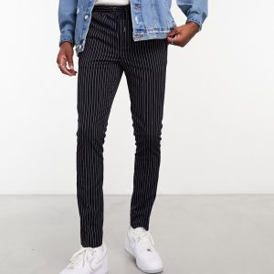 ASOS DESIGN Mens skinny smart joggers in navy pin stripe - Blue - Size 31W/32L