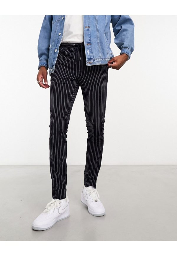 ASOS DESIGN Mens skinny smart joggers in navy pin stripe - Blue - Size 30W/34L