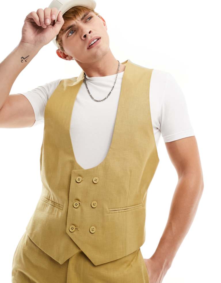 ASOS DESIGN Mens racerback suit waistcoat in slubby texture in stone-Neutral - Size 42R