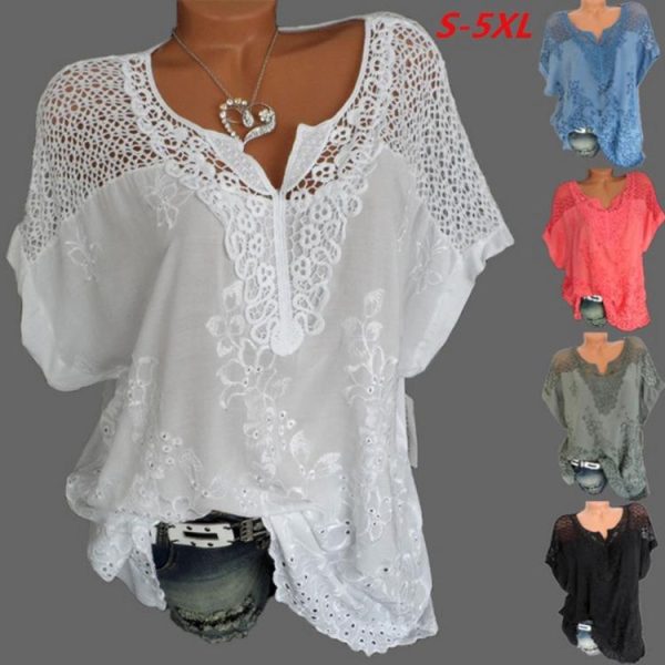 Fashion Women's Lace V-neck Embroidered Short Sleeve T-Shirt S black