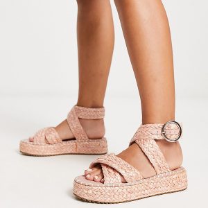 ASOS DESIGN Womens Wide Fit Journey raffia espadrille in pink - Size UK 6