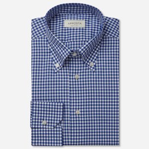 Shirt  gingham check  navy blue cotton zephyr, collar style  button-down collar