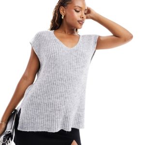 ASOS DESIGN Womens longline v neck knitted tank in rib in grey - Size X-Small