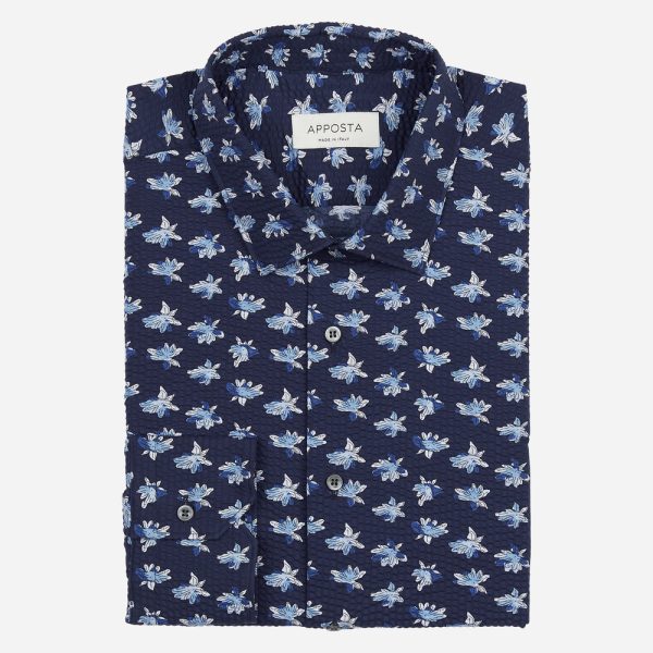 Shirt  floral  navy blue cotton seersucker, collar style  updated straight point collar with short points