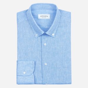 Shirt solid light blue cotton-linen plain, collar style small button-down collar
