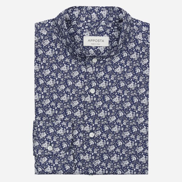 Shirt  floral  navy blue cotton pinpoint oxford, collar style  band collar