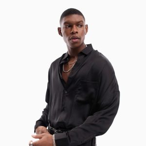 ASOS DESIGN Mens oversized satin shirt in black - Size Medium