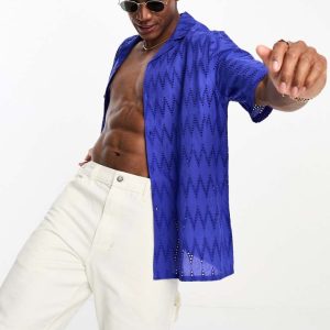 ASOS DESIGN Mens relaxed revere collar broderie shirt in bright blue - Size Medium