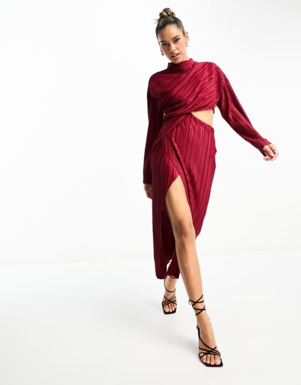 ASOS DESIGN Womens plisse cut out dress with wide sleeve and side twist maxi in wine-Green - Burgundy - Size 6 UK
