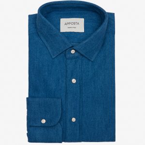 Shirt  solid  navy blue cotton denim, collar style  updated straight point collar with short points